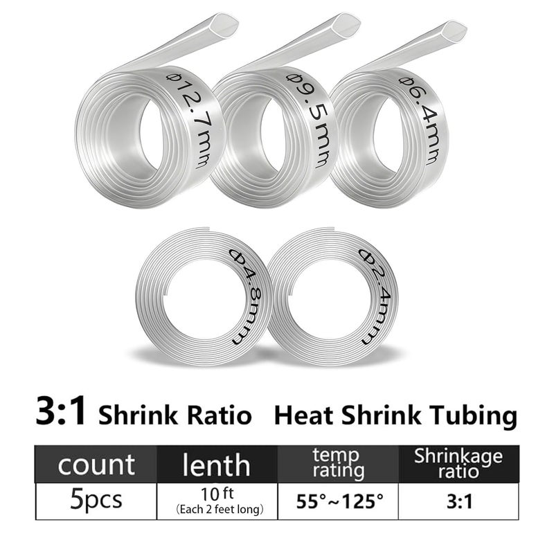 Eugiichr 5-Size Heat Shrink Tubing Kit: 3:1 Adhesive Lined, Marine Grade Waterproof, Insulated Sealed, Oil-Proof & Wear-Resistant, 10-Foot Total Length - for Home Use & Industrial Applications (Transparent) - Image 2